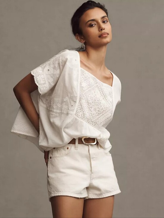 Anthropologie Tops - By Anthropologie Short Sleeve Patched Poncho Top White Embroidered Crochet MD
